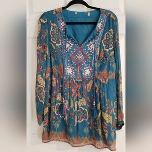 Soft Surroundings Teal Floral Embroidered Tunic